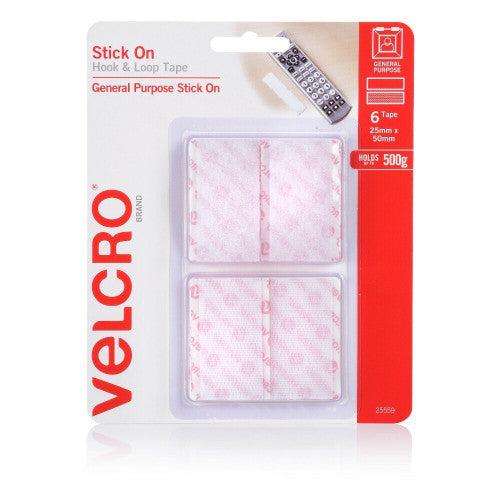 Velcro Brand Stick On Hook and Loop Tape Rectangles 25mm x 50mm White Pack of 6