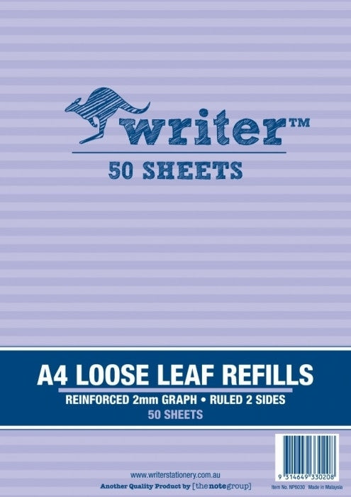 Writer A4 Reinforced Binder Refills 2mm Graph Ruled Pack of 50 Sheets