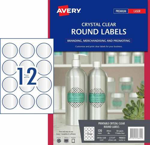 Avery Crystal Clear Round Product Labels L7114 120 Pack 60mm Diameter 12UP