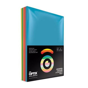 Optix Assorted Colours A4 80gsm pack of 200 sheets in a black wrapper with a rainbow eye logo and coloured sheet edges