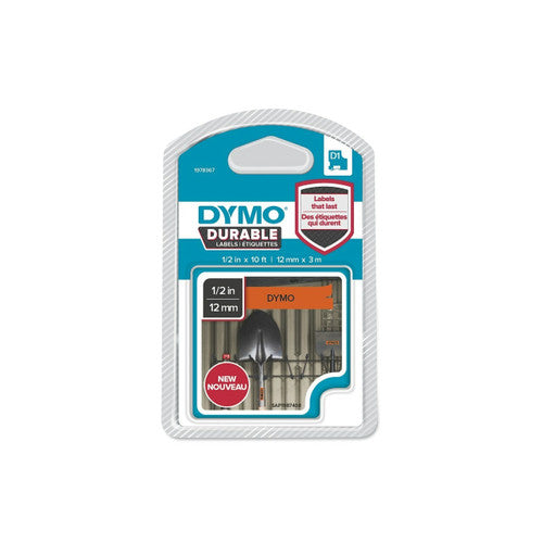 Dymo D1 durable label tape 12mm black on orange industrial strength caution and alert labelling