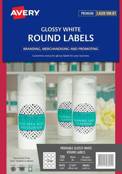 Avery Glossy White Round Labels L7105 120 Pack 60mm Diameter 12UP