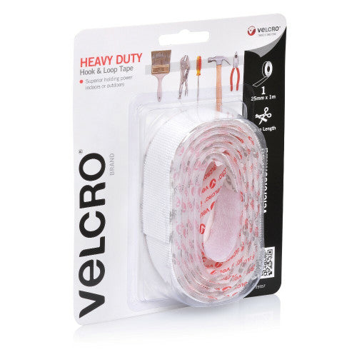 Velcro Brand Heavy Duty Hook and Loop Tape 25mm x 1m White Roll