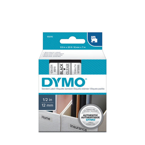 Dymo D1 label tape 12mm x 7m black on clear transparent for clean professional equipment labelling