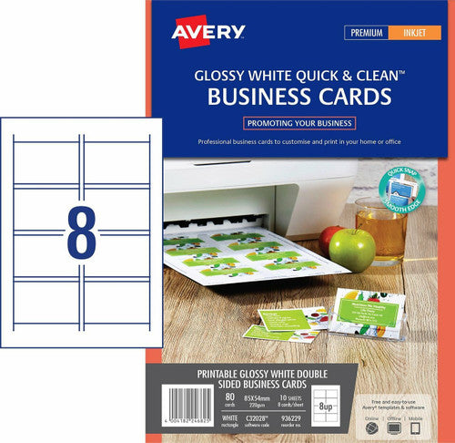 Avery White Quick and Clean Inkjet Business Card Gloss 220gsm 8UP