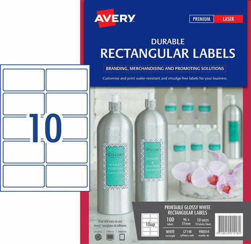 Avery Printable Durable Rectangular Labels L7148 100 Pack 96 x 51mm 10UP