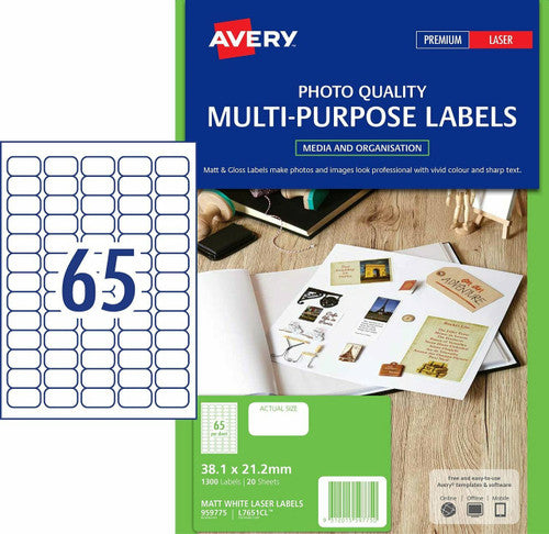 Avery Matt White Photo Quality Labels L7651CL 1300 Pack 38.1 x 21.2mm 65UP