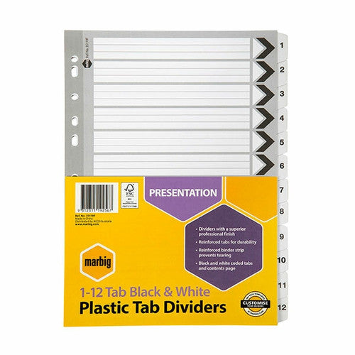 Marbig Indices and Dividers 1-12 Tab Reinforced A4 Black and White