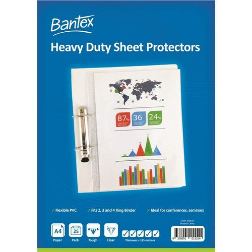 Bantex A4 Sheet Protectors Heavy Duty 125 Microns Clear Pack of 25