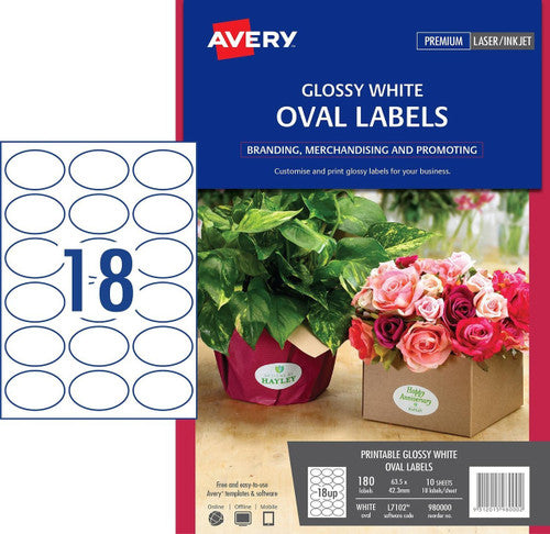Avery Glossy White Oval Labels L7102 180 Pack 63.5 x 42.3mm 18UP