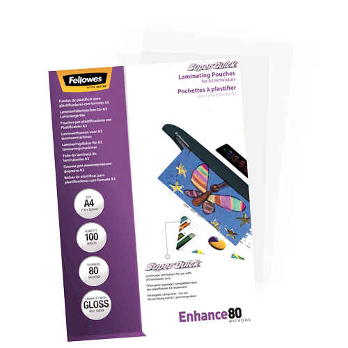 Fellowes SuperQuick A4 Glossy 80 Micron Laminating Pouch 100 Pack