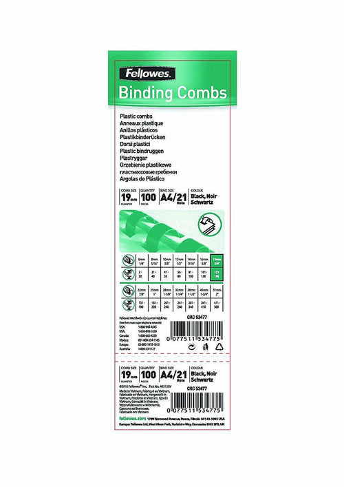 Fellowes Plastic Binding Combs 21 Ring 19mm Round Blue Pack 100
