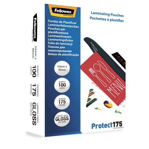 Fellowes Glossy 175 Micron Laminating Pouches 54x86mm 100 Pack