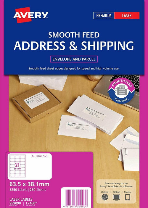 Avery White Address Smooth Feed Edge Labels L7160 5250 Pack 63.5 x 38.1mm 21UP