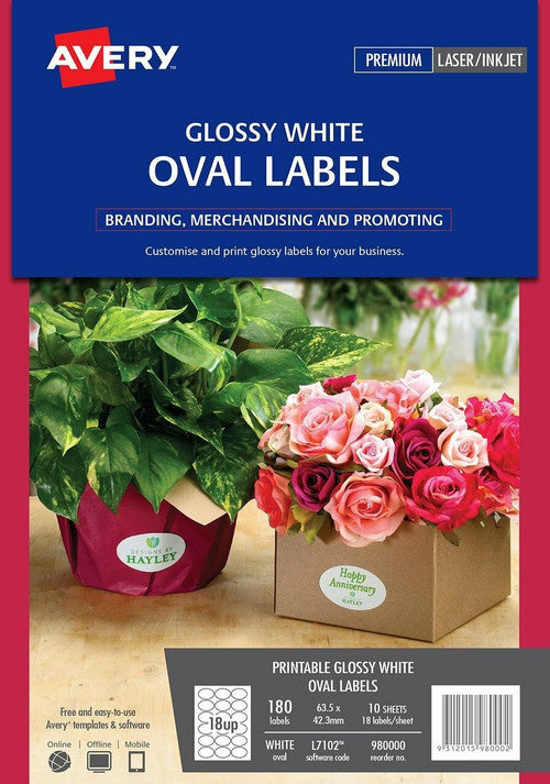 Avery Glossy White Oval Labels L7102 180 Pack 63.5 x 42.3mm 18UP