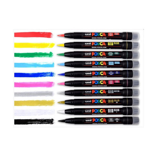 Posca PCF-350 Paint Marker Pen Brush Tip Bundle of 10 Individual Colours