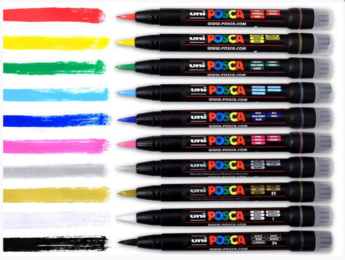 Posca PCF-350 Paint Marker Pen Brush Tip Bundle of 10 Individual Colours