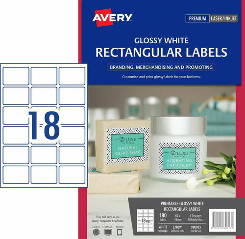 Avery Glossy White Rectangular Product Labels L7109 180 Pack 62 x 42mm 18UP