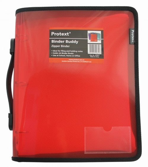 Protext Binder Buddy 25mm 3 Ring with Zipper and Handle Red