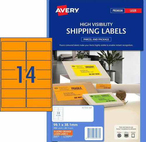 Avery Fluoro Orange Signalling Labels L7163FO 350 Pack 99.1 x 38.1mm 14UP