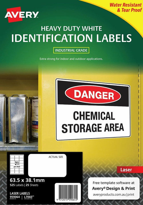Avery Durable Heavy Duty Labels L7060 525 Pack 63.5 x 38.1mm 21UP