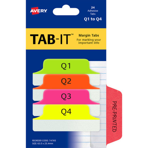 Avery Margin Tab-It Quarters Q1-Q4 24 Pack Neon Green Orange Pink Yellow 63.5 x 25.4mm