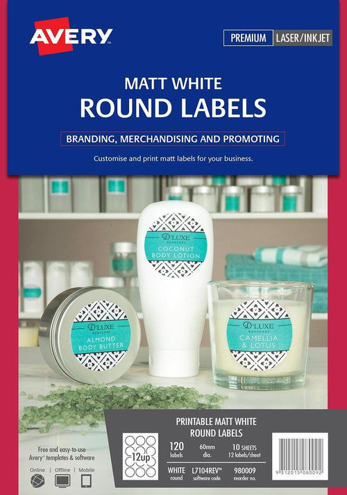 Avery White Round Removable Product Labels L7104REV 120 Pack 60mm Diameter 12UP