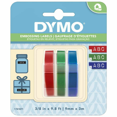 Dymo Tapewriter embossing tape 9mm x 3m red green blue plastic pack 3 colour-coded rolls