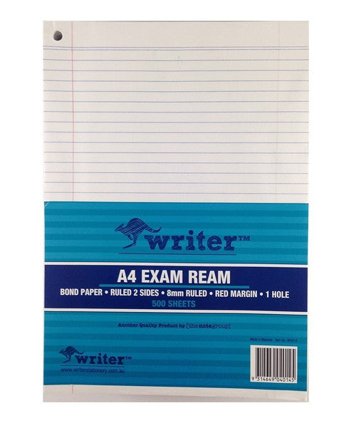 Writer A4 Exam Paper 60gsm 8mm Ruled with Margin One Hole Punched Ream 500 Sheets — front of ream