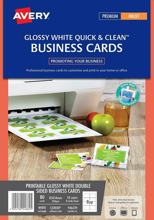Avery White Quick and Clean Inkjet Business Card Gloss 220gsm 8UP
