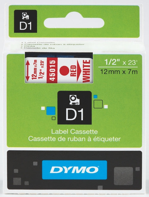 Dymo D1 Label Tape 12mm x 7m Red on White