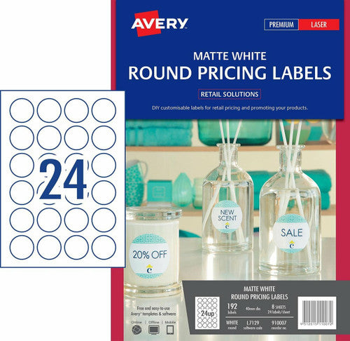 Avery Matte White Round Pricing Labels L7129 192 Pack 40mm Diameter 24UP