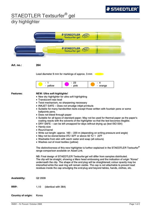 Staedtler Textsurfer Gel Highlighter Yellow Box of 10 264-1