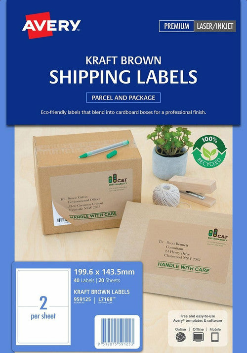 Avery Brown Kraft TrueBlock Shipping Labels L7168 40 Pack 199.6 x 143.5mm 2UP