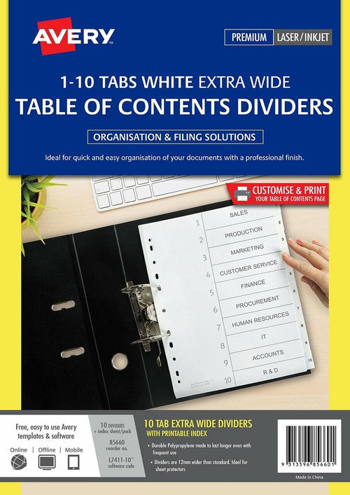 Avery White Extra Wide Polypropylene Dividers 1-10 Index