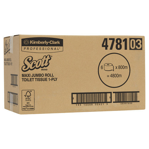 Scott Maxi Jumbo Roll Toilet Tissue White 1 Ply 800m Box of 6