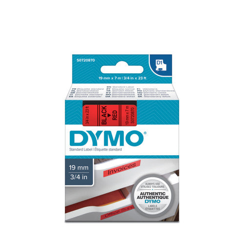 Dymo D1 label tape 19mm x 7m black on red wide high visibility safety warning labelling