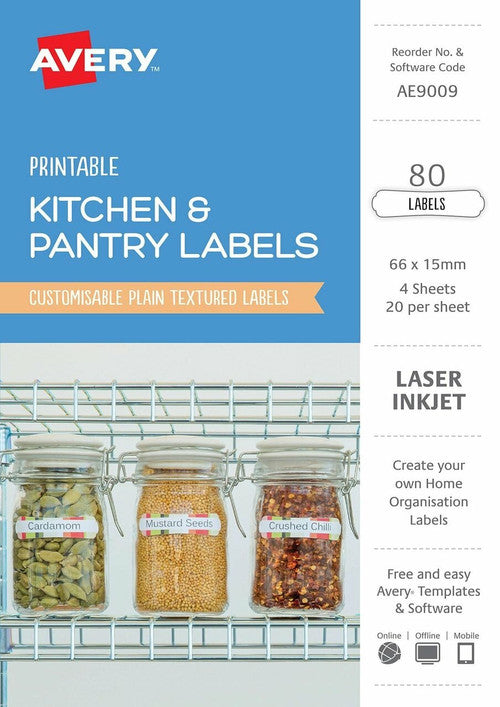 Avery Textured White Kitchen and Pantry Labels AE9009 66 x 15mm 80 Pack 20UP
