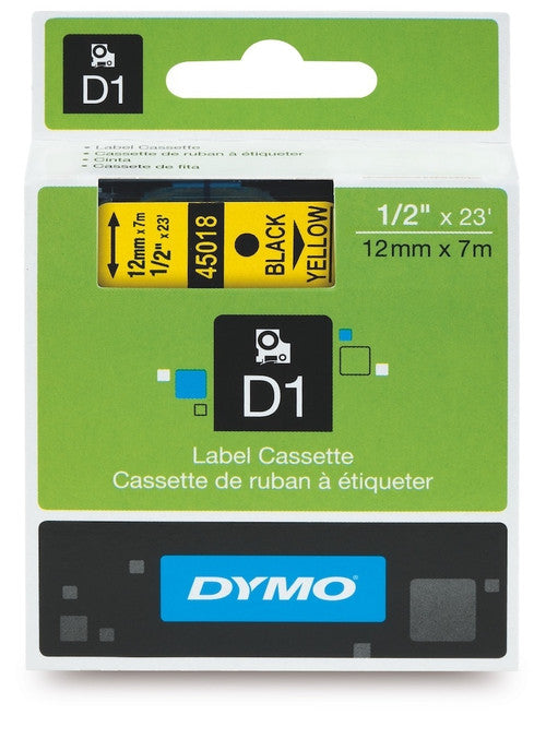 Dymo D1 Label Tape 12mm x 7m Black on Yellow