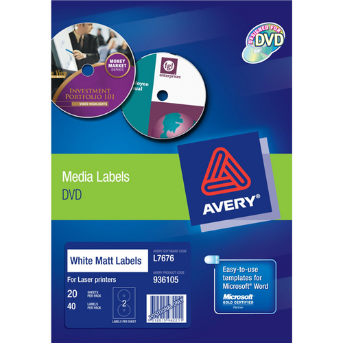 Avery White DVD Labels L7676 40 Pack 117mm Diameter 2UP
