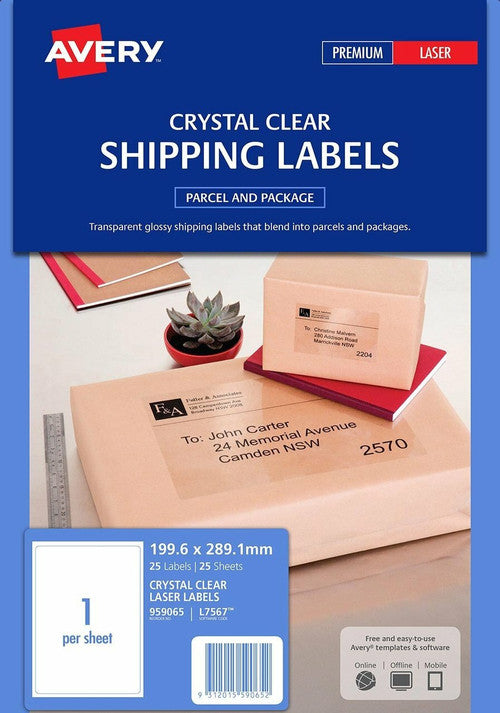 Avery Crystal Clear Shipping Labels L7567 25 Pack 199.6 x 289.1mm 1UP