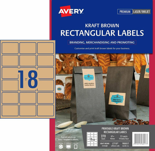 Avery Kraft Brown Rectangular Product Labels L7110 270 Pack 62 x 42mm 18UP