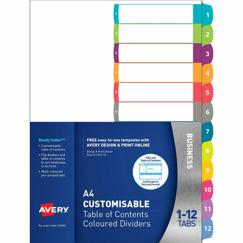 Avery Customisable Table of Contents Dividers 1-12 Tabs Landscape Portrait Ready Index 922005 L7411-12