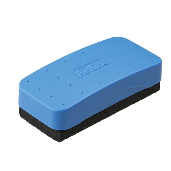 Artline whiteboard eraser with a blue plastic holder embossed Artline and a black pad