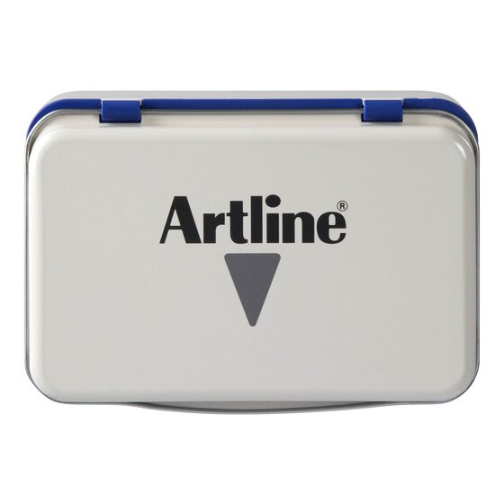 Closed Artline stamp pad with a white lid on a blue base