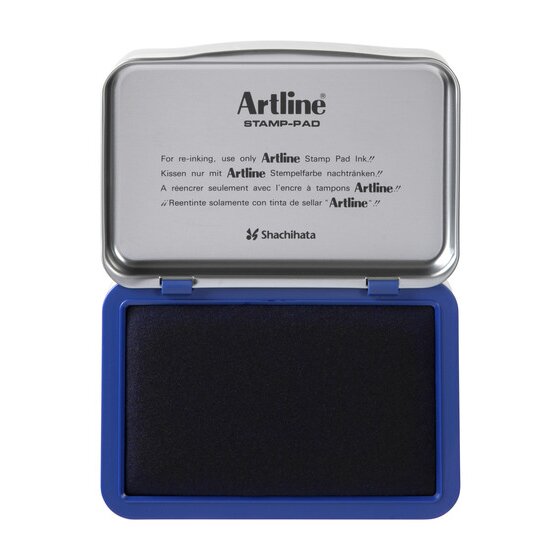 Artline stamp pad open, the silver lid printed For re-inking, use only Artline Stamp Pad Ink, over a pad in a blue base