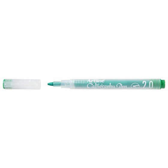 Artline Calligraphy Pen 2.0 in pastel green with the cap removed beside it