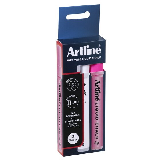 A 2 pack box holding a white and a pink marker, printed Artline Wet Wipe Liquid Chalk, Width 4mm and For decorating all blackboards and glossy surfaces