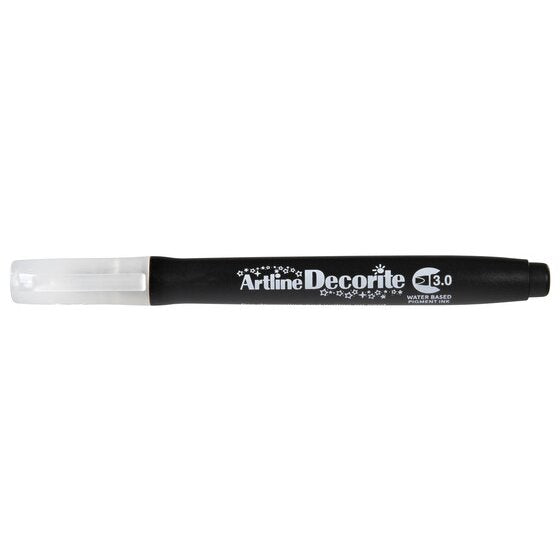 Artline Decorite 3.0mm Black marker with the cap removed beside it