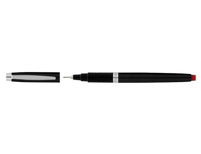 Artline Signature Onyx fine pen with the cap removed beside it, black barrel, red end cap and fine tip